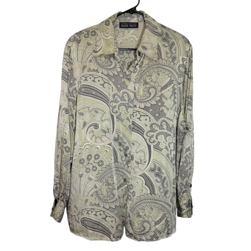 Linda Allard Ellen Tracy 20 Green Paisley Silk Button Down Shirt Bohemian Luxe